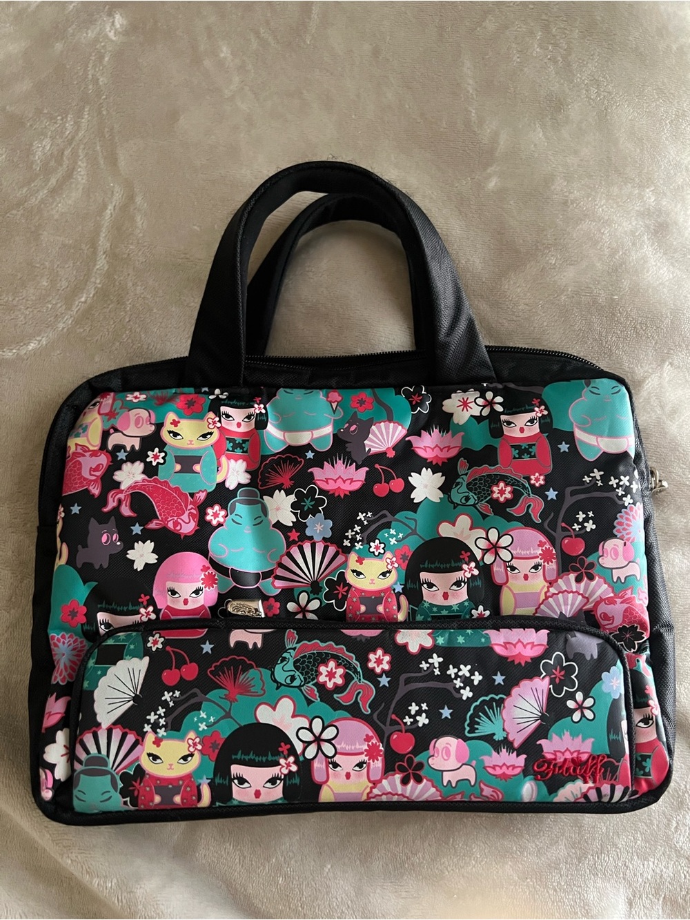 Miss Fluff Kimono Cuties Laptop iPad Case Bag Kawaii Kokeshi Doll Black